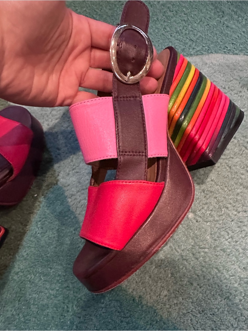 Fluevog NEARLY NEW Picnic Kerry striped rainbow heel platform open-toe sandal -6 - Picture 12 of 16